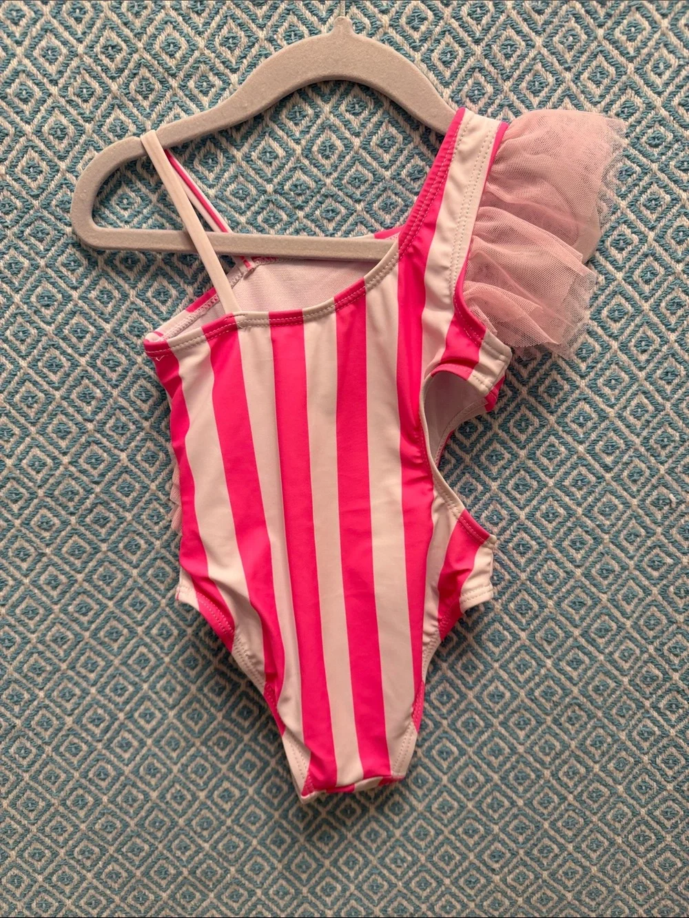 Girls Pink Stripe Flamingo Ruffle One-Piece Swimsuit